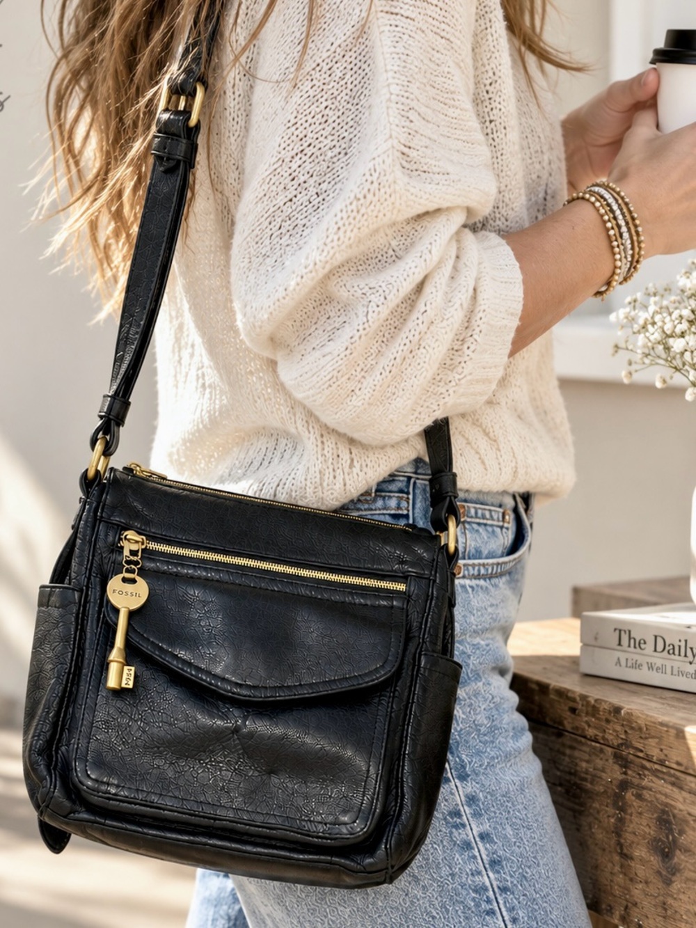 Vintage Fossil 1954 Black Pebbled Leather Crossbody Bag 75082 Key Charm